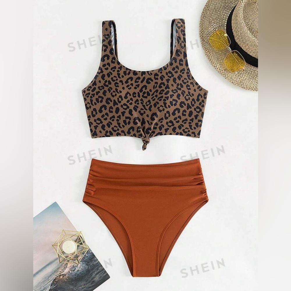 SHEIN LEOPARD 2 PIECE BIKINI W/ HIGH WAIST ORANGE BOTTOMS SIZE SMALL NEW W TAGS